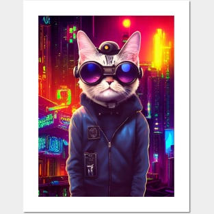 Techno Cat In Japan Neon City Posters and Art